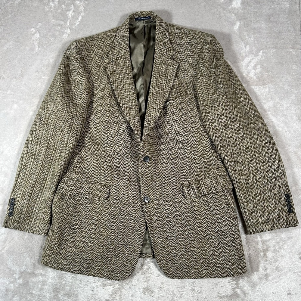 VTG Harris Tweed Blazer Mens 44L Brown Herringbone Wool Handwoven Sport Coat